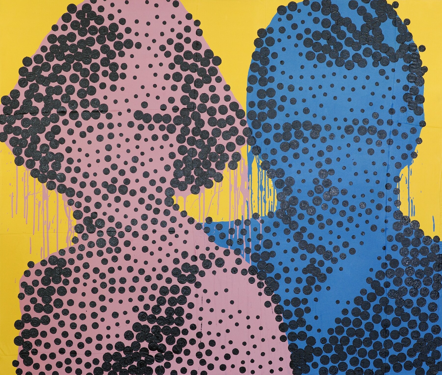 The Man and Woman, a yellow, pink, blue, and black abstract painting by Connor Meager